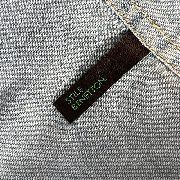 Stile Benetton 100% Cotton Blue Denim Chambray Camouflage Flip Cuff Shirt Mens L - Picture 4 of 6